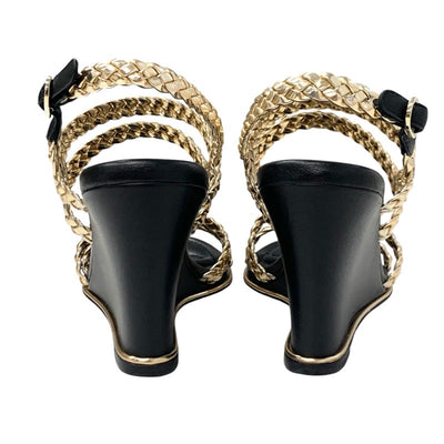 シャネル CHANEL サンダル 靴 シューズ レザー ブラック ゴールド 黒 ココマーク 編み込み ストラップ