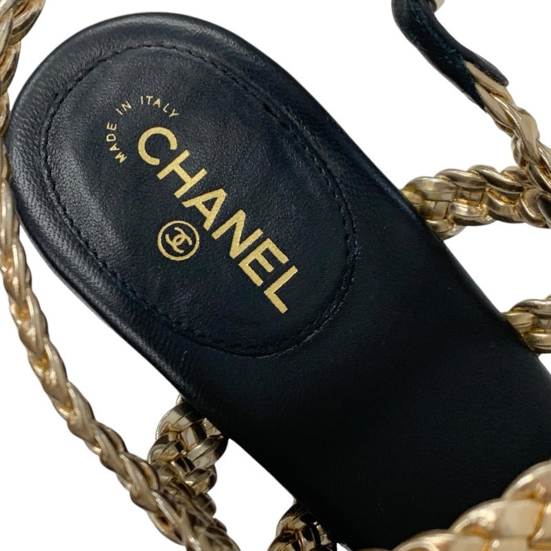 シャネル CHANEL サンダル 靴 シューズ レザー ブラック ゴールド 黒 ココマーク 編み込み ストラップ