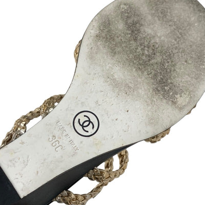 シャネル CHANEL サンダル 靴 シューズ レザー ブラック ゴールド 黒 ココマーク 編み込み ストラップ