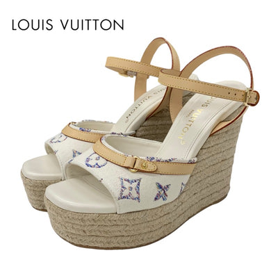 ルイヴィトン LOUIS VUITTON ヘリオスライン モノグラム サンダル 靴 シューズ ファブリック レザー ホワイト マルチカラー 白 ウエッジソール アンクルストラップ