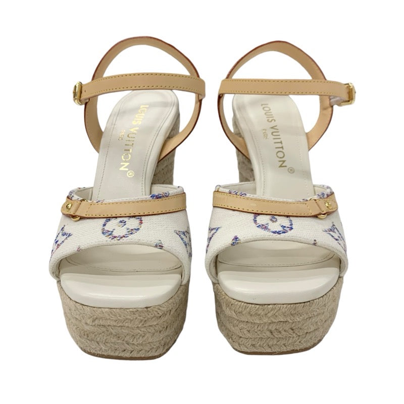 ルイヴィトン LOUIS VUITTON ヘリオスライン モノグラム サンダル 靴 シューズ ファブリック レザー ホワイト マルチカラー 白 ウエッジソール アンクルストラップ
