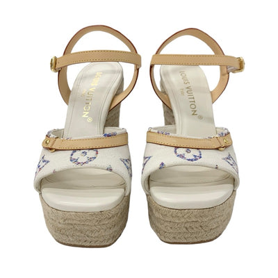 ルイヴィトン LOUIS VUITTON ヘリオスライン モノグラム サンダル 靴 シューズ ファブリック レザー ホワイト マルチカラー 白 ウエッジソール アンクルストラップ