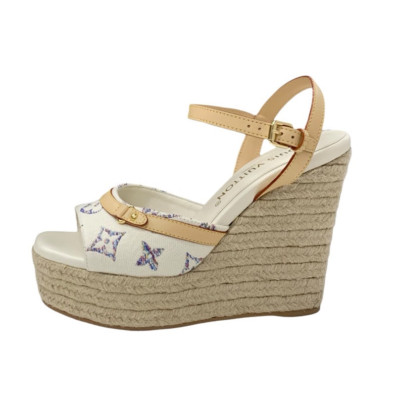 ルイヴィトン LOUIS VUITTON ヘリオスライン モノグラム サンダル 靴 シューズ ファブリック レザー ホワイト マルチカラー 白 ウエッジソール アンクルストラップ