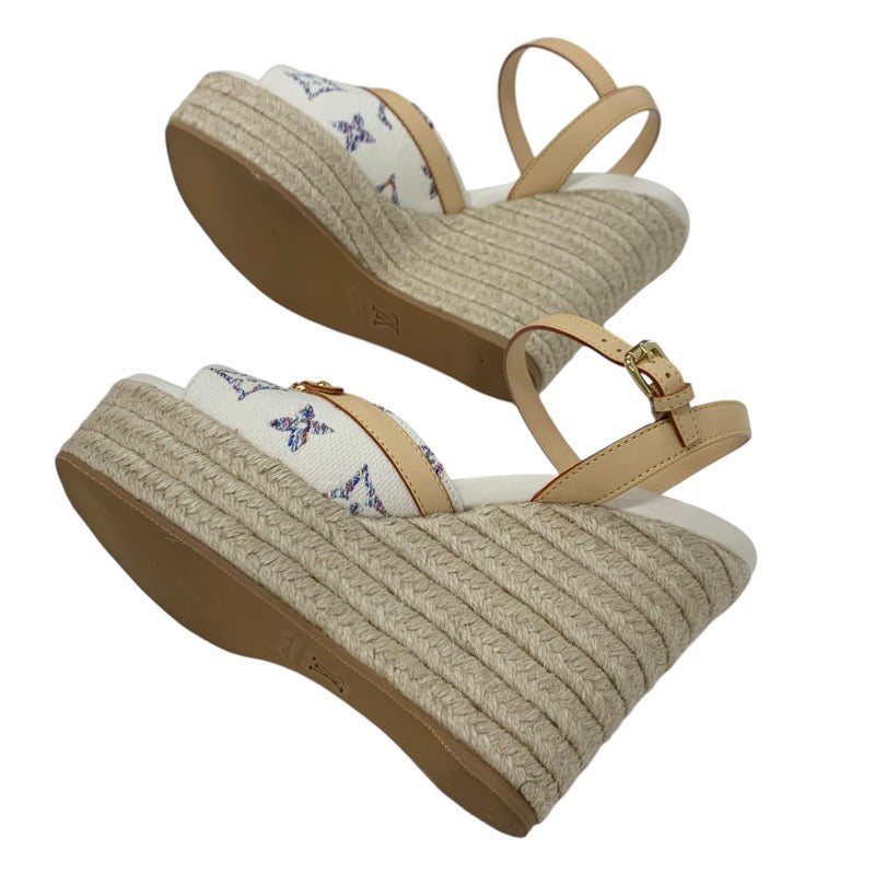 ルイヴィトン LOUIS VUITTON ヘリオスライン モノグラム サンダル 靴 シューズ ファブリック レザー ホワイト マルチカラー 白 ウエッジソール アンクルストラップ