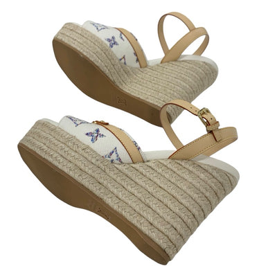 ルイヴィトン LOUIS VUITTON ヘリオスライン モノグラム サンダル 靴 シューズ ファブリック レザー ホワイト マルチカラー 白 ウエッジソール アンクルストラップ