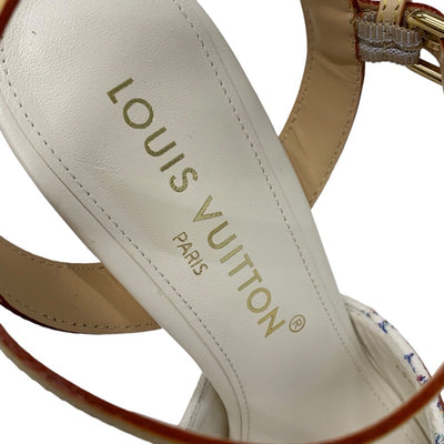 ルイヴィトン LOUIS VUITTON ヘリオスライン モノグラム サンダル 靴 シューズ ファブリック レザー ホワイト マルチカラー 白 ウエッジソール アンクルストラップ