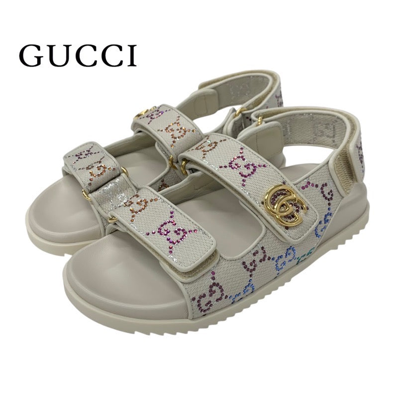 グッチ GUCCI ダブルG サンダル 靴 シューズ ファブリック レザー アイボリー マルチカラー ゴールド GGマーモント ラインストーン