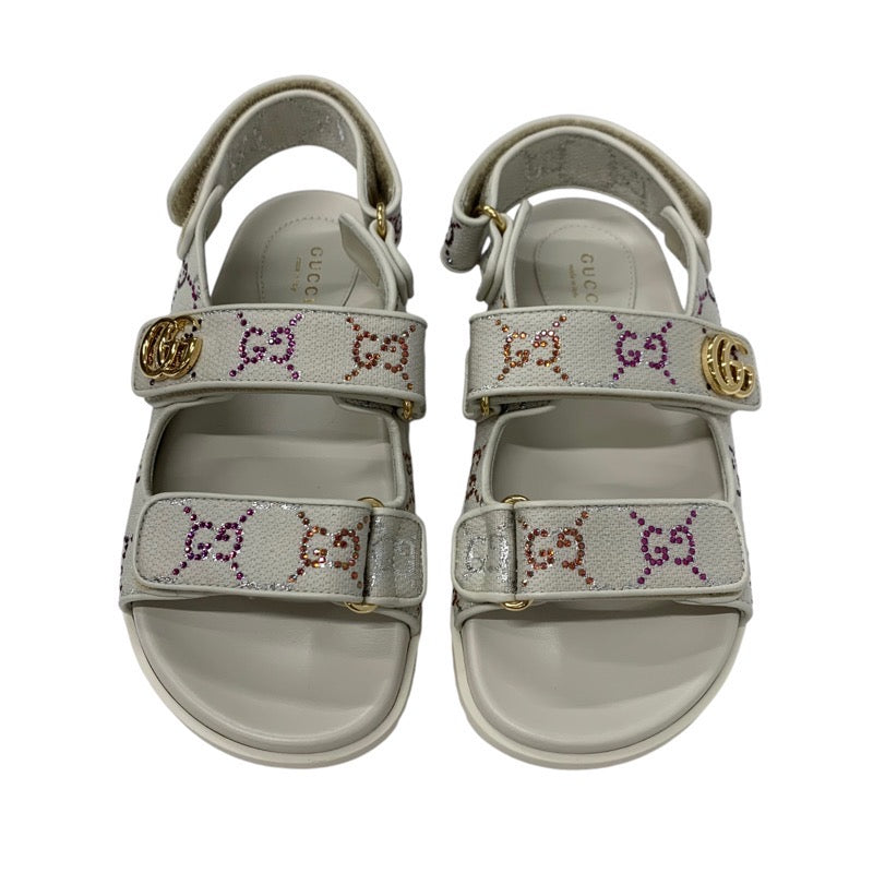 グッチ GUCCI ダブルG サンダル 靴 シューズ ファブリック レザー アイボリー マルチカラー ゴールド GGマーモント ラインストーン