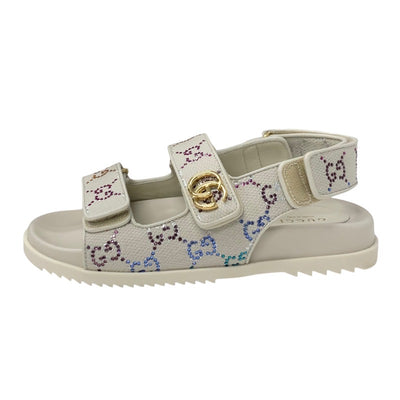 グッチ GUCCI ダブルG サンダル 靴 シューズ ファブリック レザー アイボリー マルチカラー ゴールド GGマーモント ラインストーン