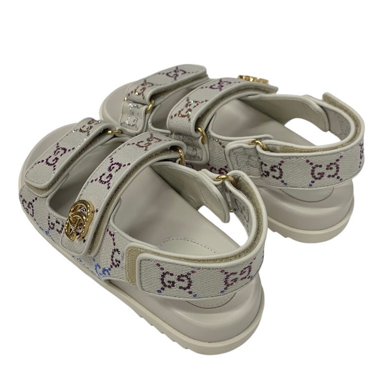 グッチ GUCCI ダブルG サンダル 靴 シューズ ファブリック レザー アイボリー マルチカラー ゴールド GGマーモント ラインストーン