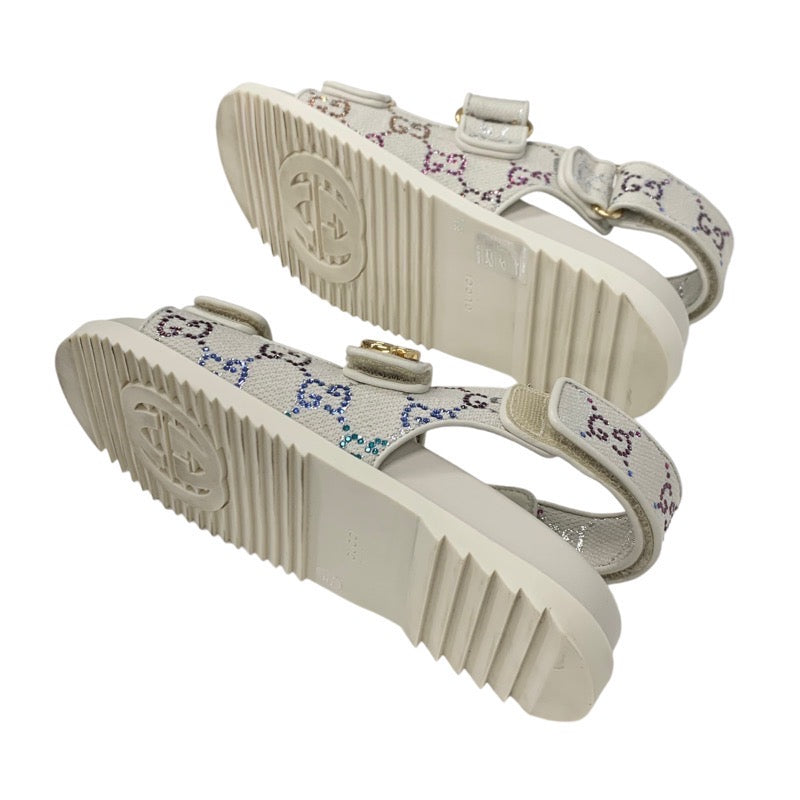 グッチ GUCCI ダブルG サンダル 靴 シューズ ファブリック レザー アイボリー マルチカラー ゴールド GGマーモント ラインストーン