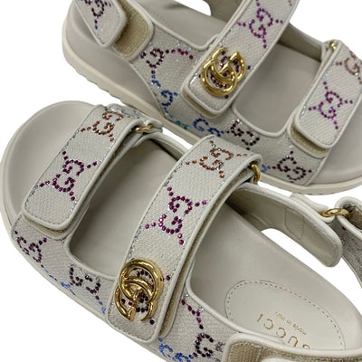 グッチ GUCCI ダブルG サンダル 靴 シューズ ファブリック レザー アイボリー マルチカラー ゴールド GGマーモント ラインストーン