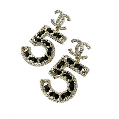 Chanel Earrings Gold Black Coco Mark N5 Rhinestone