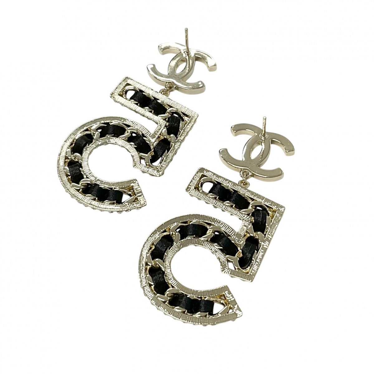 Chanel Earrings Gold Black Coco Mark N5 Rhinestone