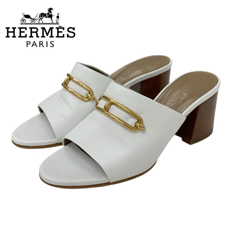 エルメス HERMES カミラ サンダル 靴 シューズ レザー ホワイト ゴールド ミュール ルリバックル