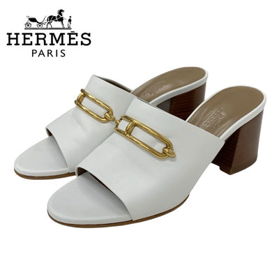 エルメス HERMES カミラ サンダル 靴 シューズ レザー ホワイト ゴールド ミュール ルリバックル