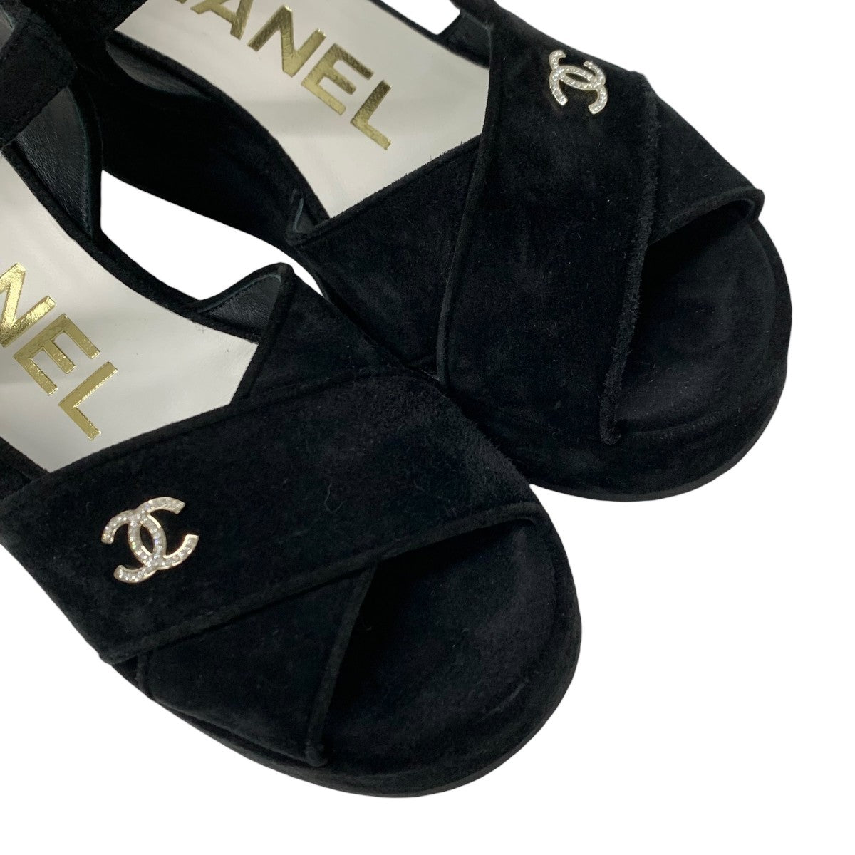 シャネル CHANEL サンダル 靴 シューズ スエード ブラック 黒 ココマーク ラインストーン プラットフォーム