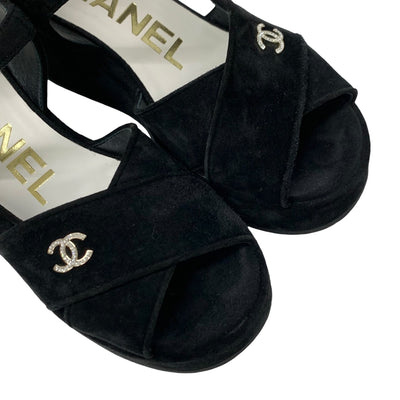 シャネル CHANEL サンダル 靴 シューズ スエード ブラック 黒 ココマーク ラインストーン プラットフォーム