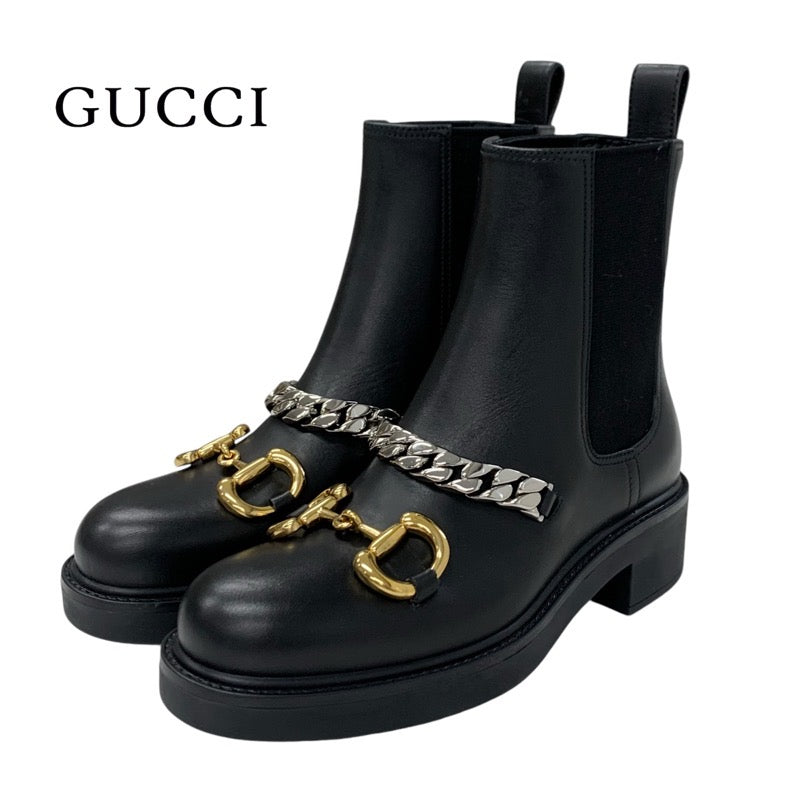 Gucci Boots, Short Boots, Shoes, Leather, Black, Gold, Silver, Horsebit, Chain, Side Gore