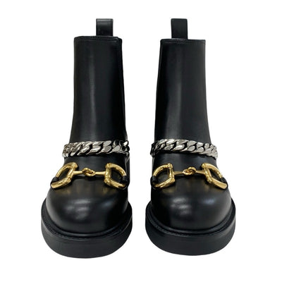 Gucci Boots, Short Boots, Shoes, Leather, Black, Gold, Silver, Horsebit, Chain, Side Gore