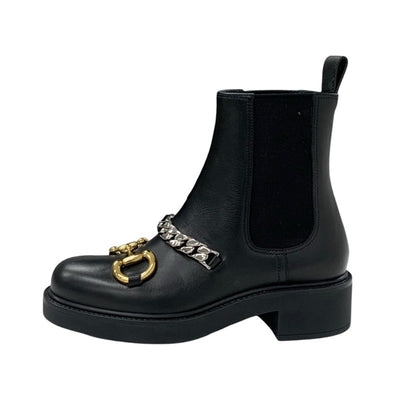 Gucci Boots, Short Boots, Shoes, Leather, Black, Gold, Silver, Horsebit, Chain, Side Gore