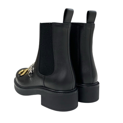 Gucci Boots, Short Boots, Shoes, Leather, Black, Gold, Silver, Horsebit, Chain, Side Gore