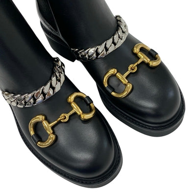 Gucci Boots, Short Boots, Shoes, Leather, Black, Gold, Silver, Horsebit, Chain, Side Gore