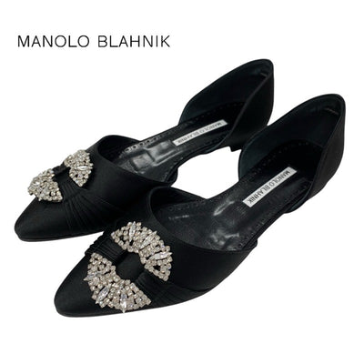 マノロブラニク MANOLO BLAHNIK フラットシューズ 靴 シューズ サテン ブラック 黒 フラットパンプス ビジュー スワロフスキー パーティーシューズ