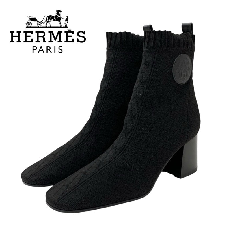 Hermes HERMES Volvelle Boots Short Boots Shoes Fabric Leather Black Unused Exlibris Knit