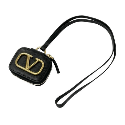 Valentino Leather Black Gold V Logo Earphone Case AirPods Case Strap