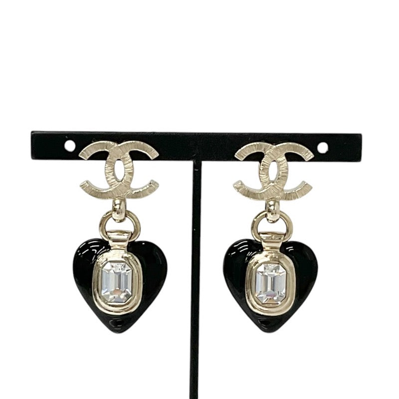 Chanel Earrings Gold Black Heart Bijoux Coco Mark