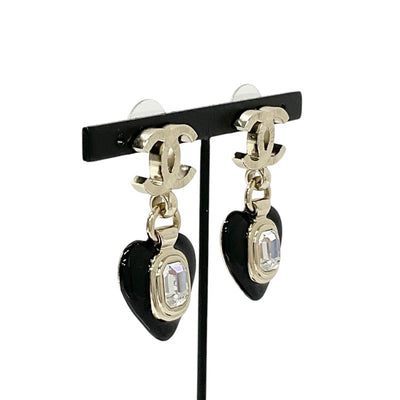 Chanel Earrings Gold Black Heart Bijoux Coco Mark