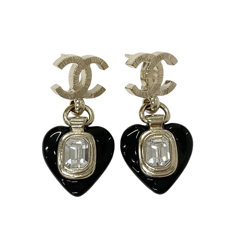 Chanel Earrings Gold Black Heart Bijoux Coco Mark