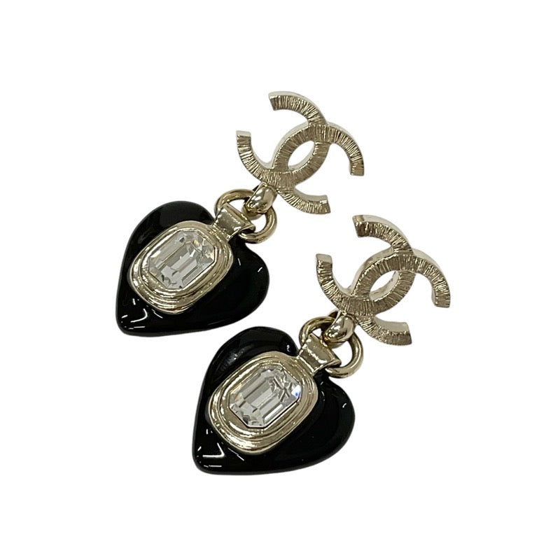 Chanel Earrings Gold Black Heart Bijoux Coco Mark