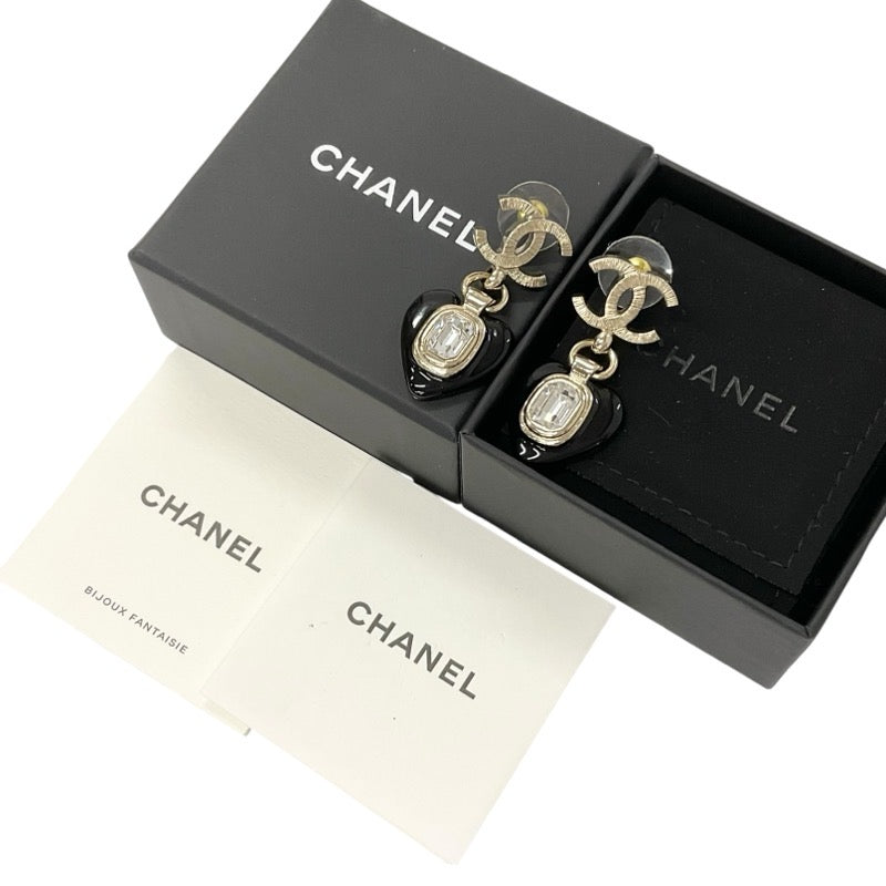 Chanel Earrings Gold Black Heart Bijoux Coco Mark