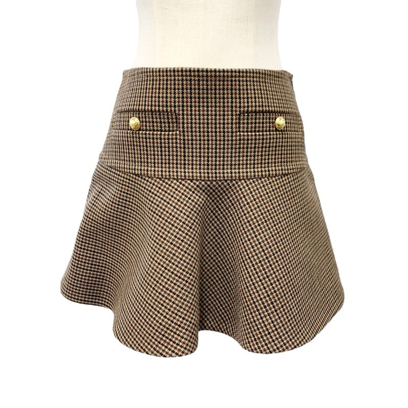 セリーヌ CELINE ボトムス ブラウン系 ゴールド 千鳥格子 ミニスカート フリルスカート