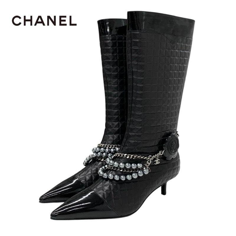 Chanel CHANEL boots, long boots, shoes, leather, patent, black, silver, unused, Coco Mark, camellia, chocolate bar, chain, pearl