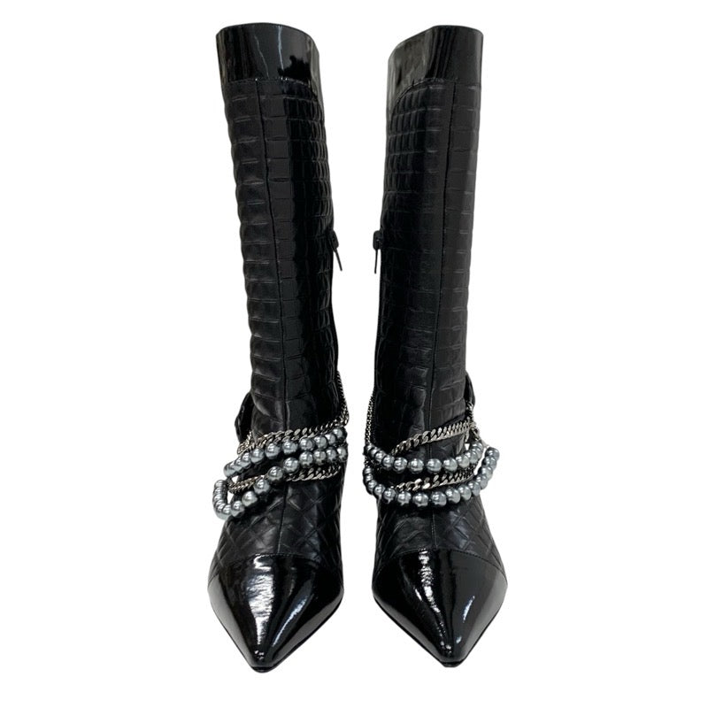 Chanel CHANEL boots, long boots, shoes, leather, patent, black, silver, unused, Coco Mark, camellia, chocolate bar, chain, pearl