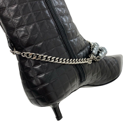 Chanel CHANEL boots, long boots, shoes, leather, patent, black, silver, unused, Coco Mark, camellia, chocolate bar, chain, pearl