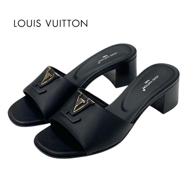 ルイヴィトン LOUIS VUITTON サンダル 靴 シューズ レザー ブラック 黒 ゴールド ロゴ ミュール