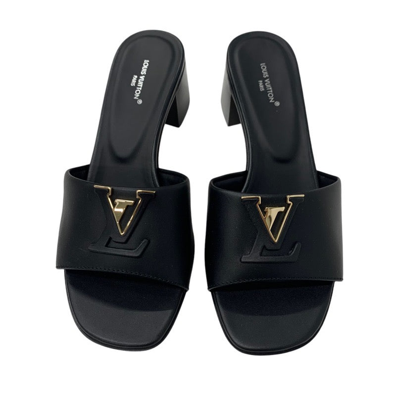 ルイヴィトン LOUIS VUITTON サンダル 靴 シューズ レザー ブラック 黒 ゴールド ロゴ ミュール