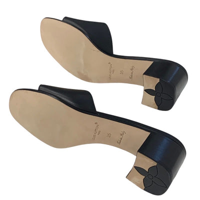 ルイヴィトン LOUIS VUITTON サンダル 靴 シューズ レザー ブラック 黒 ゴールド ロゴ ミュール