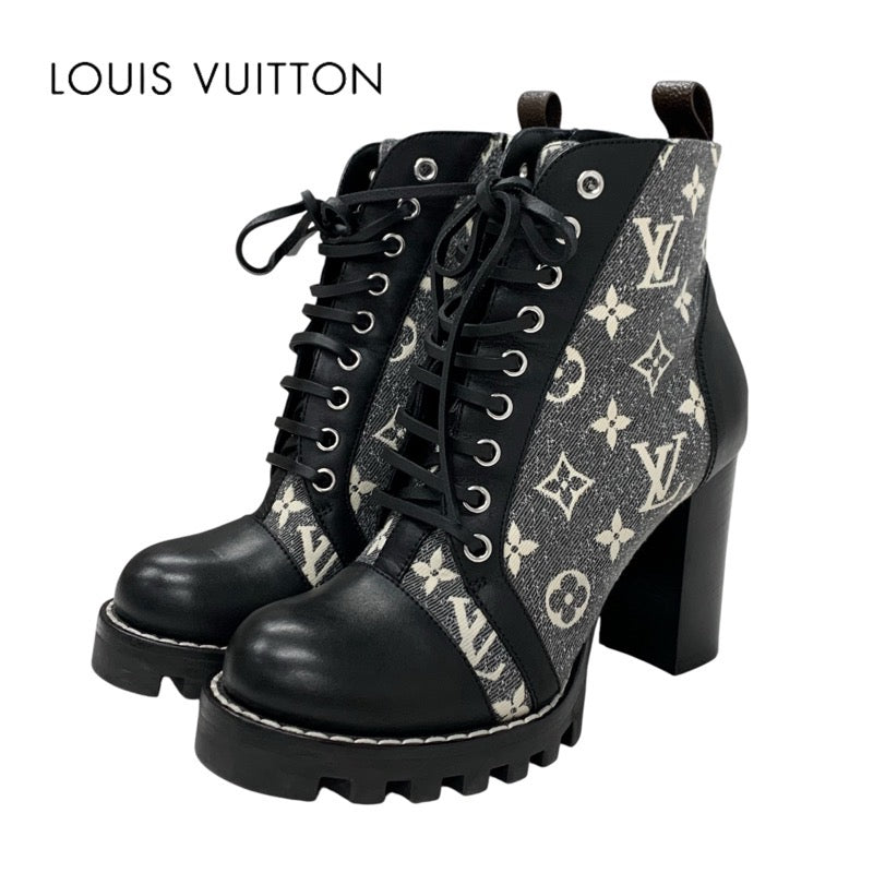 LOUIS VUITTON Star Trail Line Monogram Boots Short Boots Shoes Fabric Leather Grey Black Ankle Boots Lace-up Denim