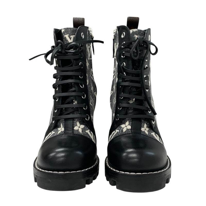 LOUIS VUITTON Star Trail Line Monogram Boots Short Boots Shoes Fabric Leather Grey Black Ankle Boots Lace-up Denim