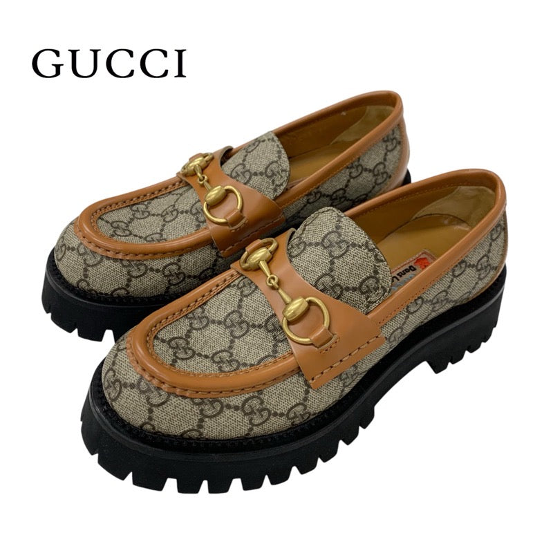 Gucci Loafers Leather Shoes Shoes Leather Brown Beige Horsebit GG Supreme bee Flat Shoes