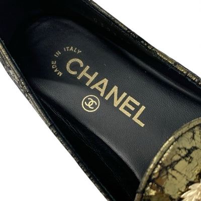 シャネル CHANEL ローファー 革靴 靴 シューズ スエード レザー ファブリック ブラック ゴールド ココマーク