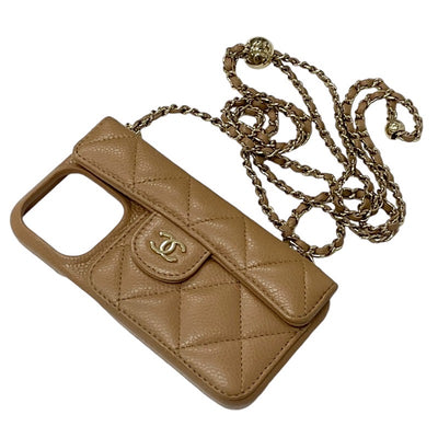 Chanel Mobile/Smartphone Accessories Beige Gold Coco Mark Matelasse iPhone15pro iPhone Case Smartphone Case Chain