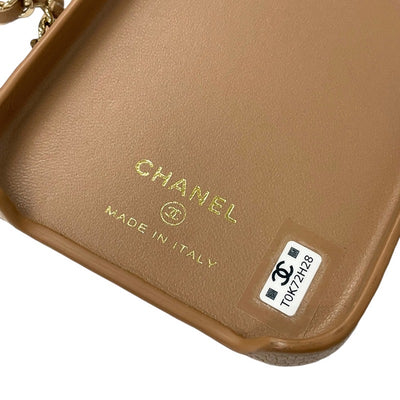 Chanel Mobile/Smartphone Accessories Beige Gold Coco Mark Matelasse iPhone15pro iPhone Case Smartphone Case Chain