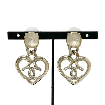 Chanel Earrings Gold Coco Mark Rhinestone Bijoux Heart