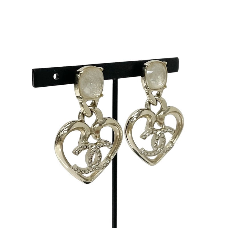 Chanel Earrings Gold Coco Mark Rhinestone Bijoux Heart